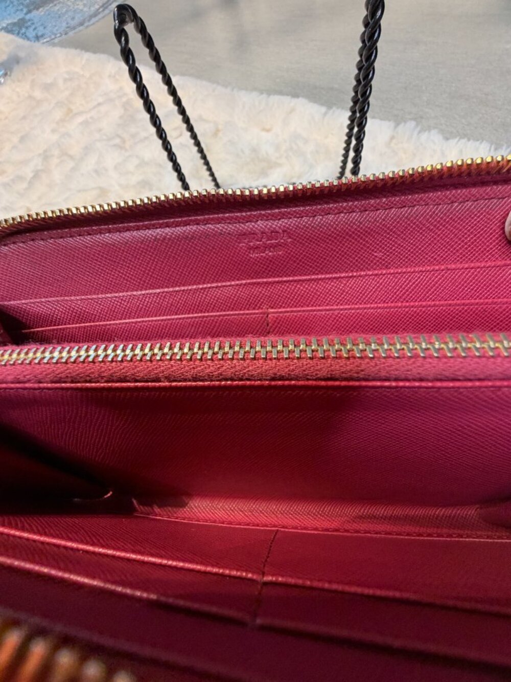 Prada Saffiano Leather Zip Around Wallet Pink Raspberry Gold Logo - Picture 4 of 12